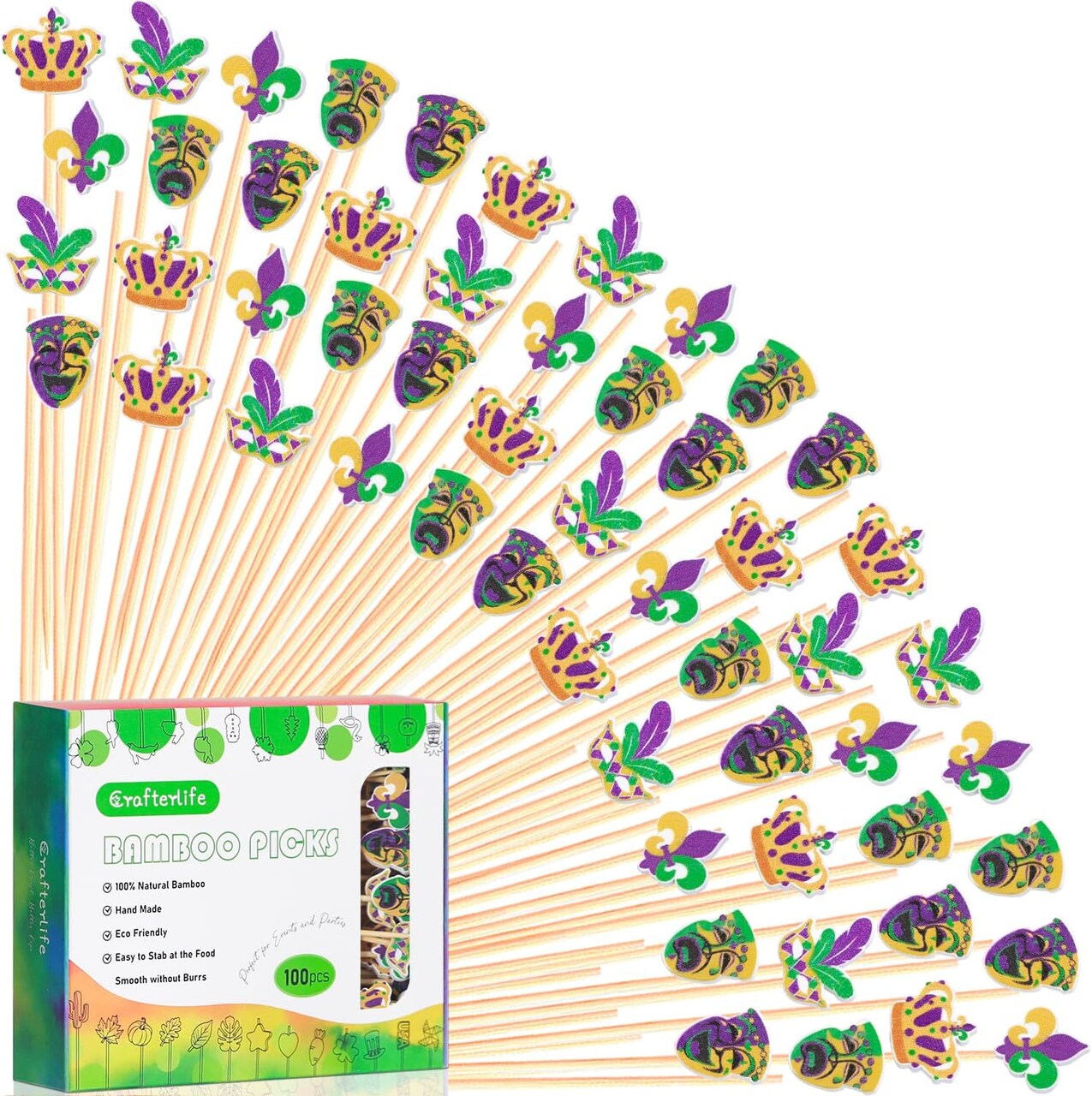 100 Pcs Mardi Gras Cocktail Picks – Carnival Masquerade Fruit Sticks, Toothpicks & Skewers for Appetizers, Charcuterie, Cupcakes, Sandwiches & Party Decorations